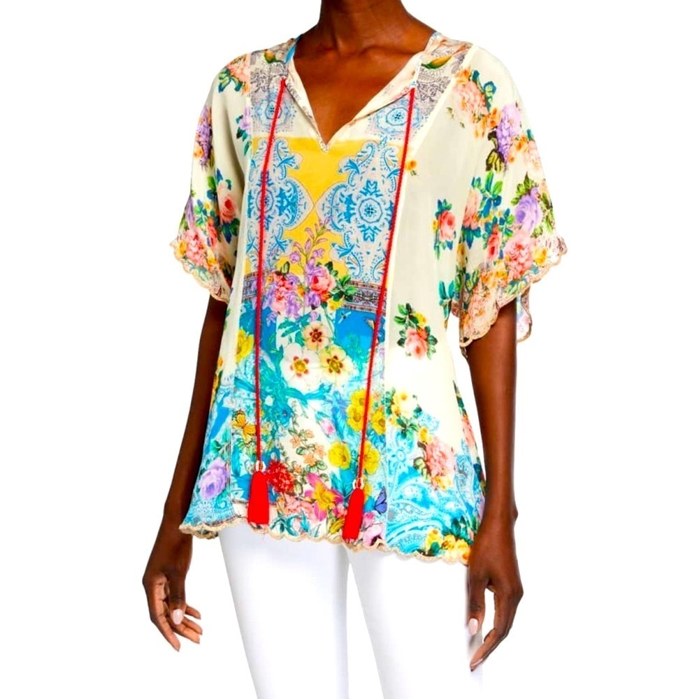 Johnny Was plus size Kibo Printed Short-Sleeve Tassel Trim Top size XS